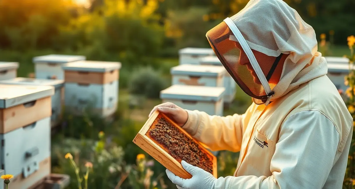 Alternative beekeeping management solutions for independent operators Independent commercial beekeeper inspecting beehive frame as alternative to BeeHero enterprise partnership model