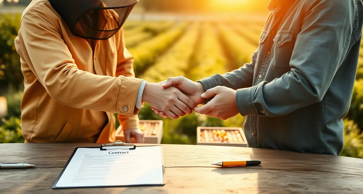 Professional partnership agreement between beekeeper and agricultural grower Beekeeper and grower reviewing signed agreement contract document with legal terms and clauses outlined