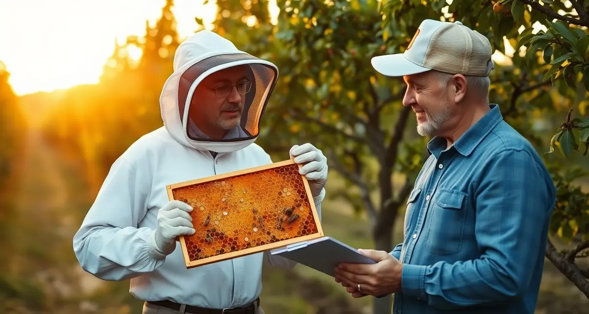 Professional bee logistics communication between pollination service provider and crop grower Beekeeper and grower collaborating on pollination communication strategy in an orchard with honeycomb frame