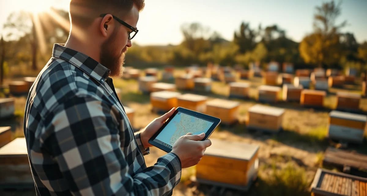 Beekeeping logistics software for commercial pollination management Beekeeper using PollenOps contract software on tablet to manage apiaries with GPS mapping and bloom timing alerts for commercial pollination operations