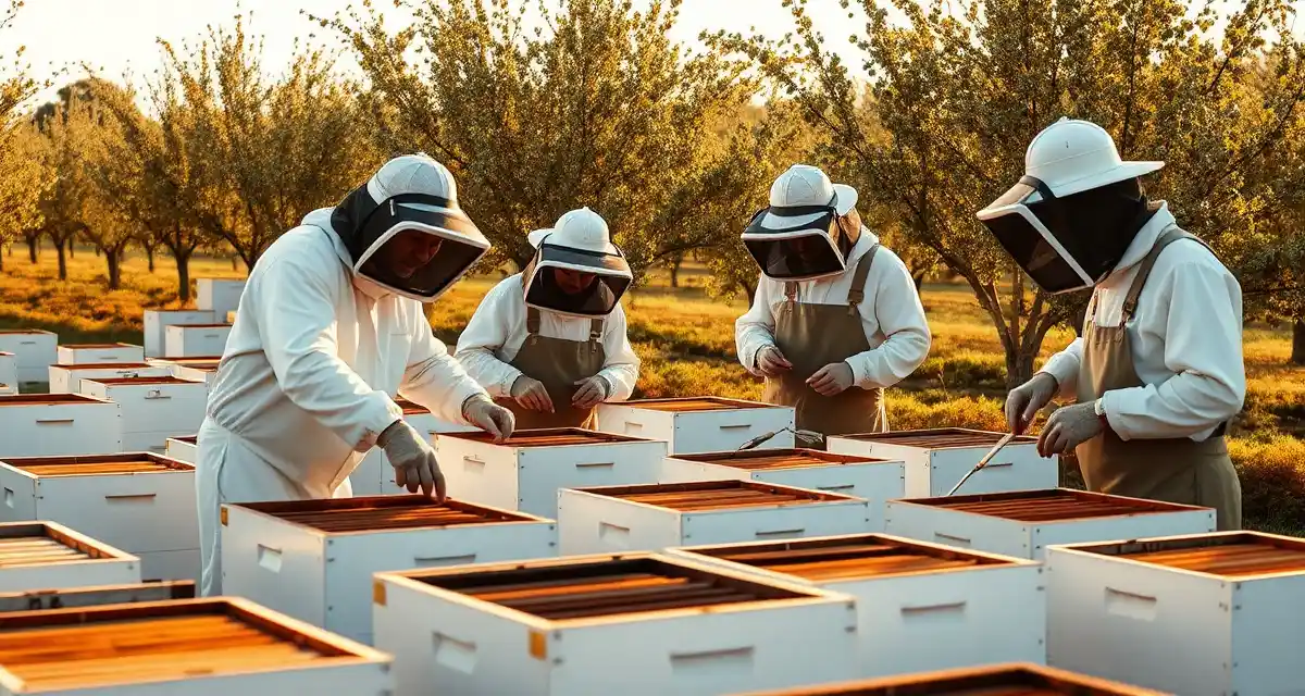 Professional beekeeping crew coordination Experienced beekeeping crew members inspecting hive boxes together during commercial pollination operations management.