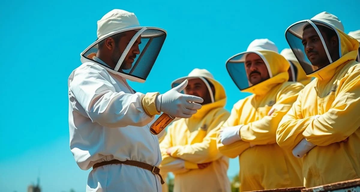 Commercial beekeeping safety training and PPE instruction Beekeeping crew safety training demonstration showing workers in protective equipment learning proper anaphylaxis response protocols