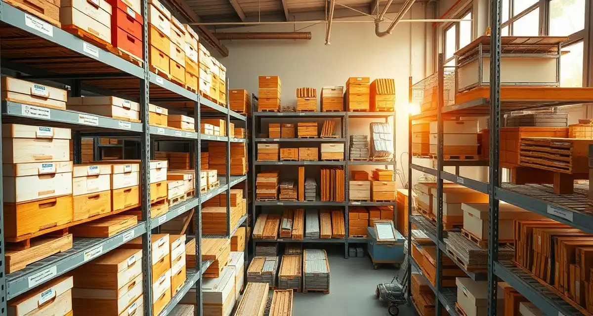Commercial beekeeping equipment tracking and organization Organized beekeeping equipment inventory system with labeled hive boxes and tracking tools in commercial operation storage facility.