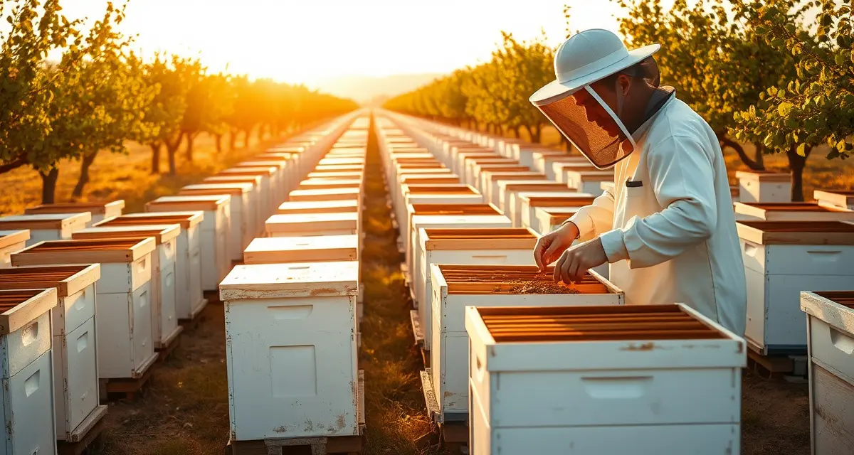Full-time beekeeping income from pollination hives Commercial beehive rows in pollination operation showing organized hive placement for income-generating beekeeping business