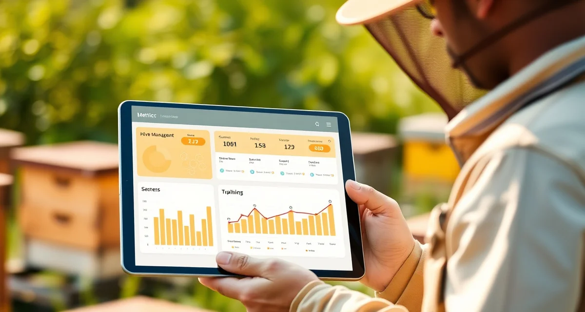 Digital hive management system for commercial beekeeping Beekeeping operations software dashboard displaying hive management analytics and colony health metrics for commercial pollination.
