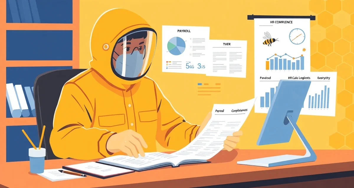 HR and payroll best practices for commercial beekeeping businesses Beekeeper reviewing payroll management and HR compliance documentation for commercial beekeeping operations