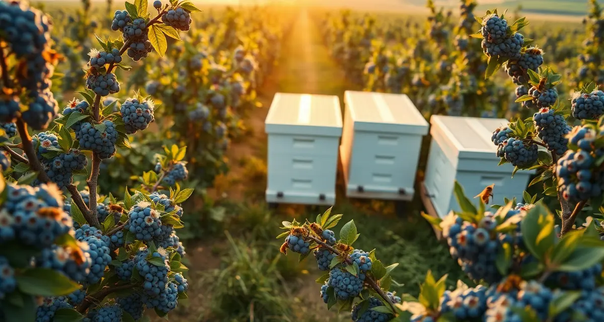 Blueberry orchard pollination timing and hive placement Blueberry pollination contract management setup showing honeyhives positioned in bloom-stage berry orchard rows with active bee foraging