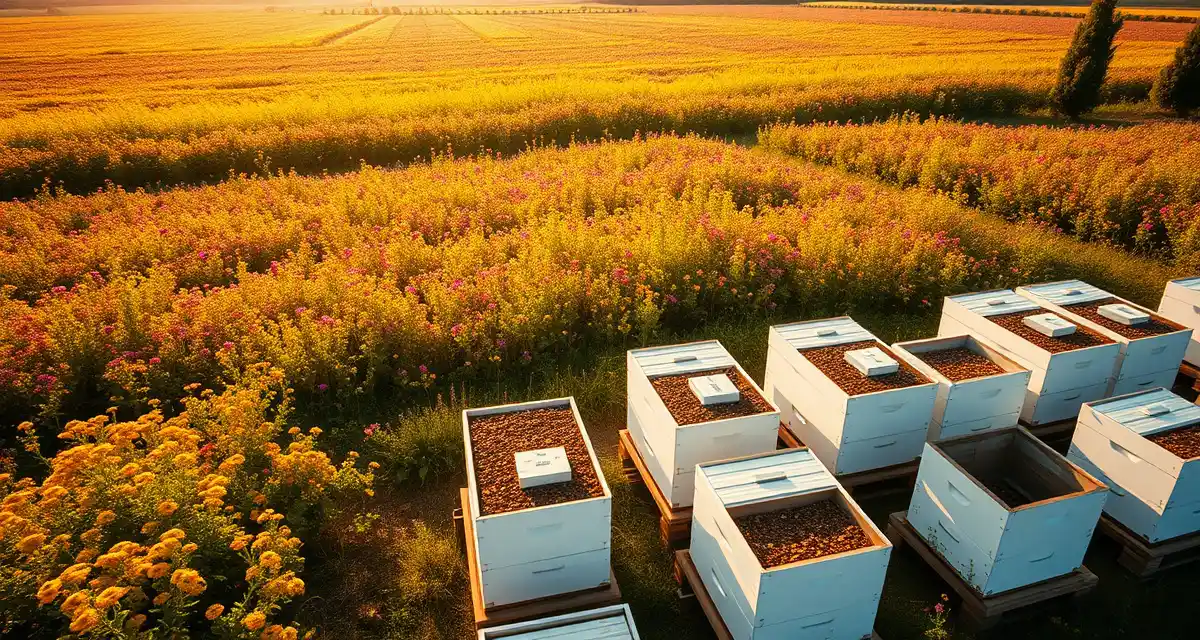 Bloom Alert System for Pollination Operations Commercial beehive operation with bloom alert monitoring system for pollination crop management and beekeeper logistics coordination