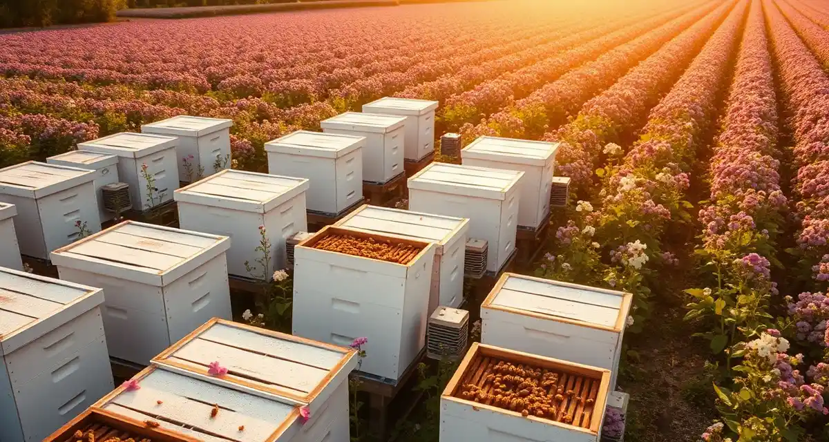 Real-time bloom timing notification system for contract pollination Commercial apiary with bloom timing alerts monitoring flowering crop fields during peak pollination season