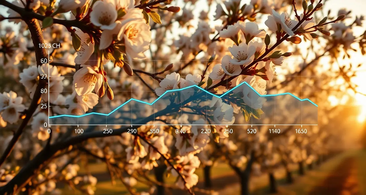 PollenOps bloom timing technology illustration Growing degree day model predicting almond bloom timing with temperature accumulation data visualization