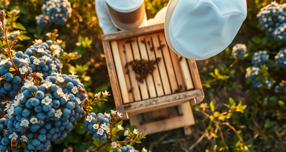 Commercial blueberry pollination hive setup Honeybee hive positioned in blueberry field during peak bloom season for commercial pollination operations and crop placement management.