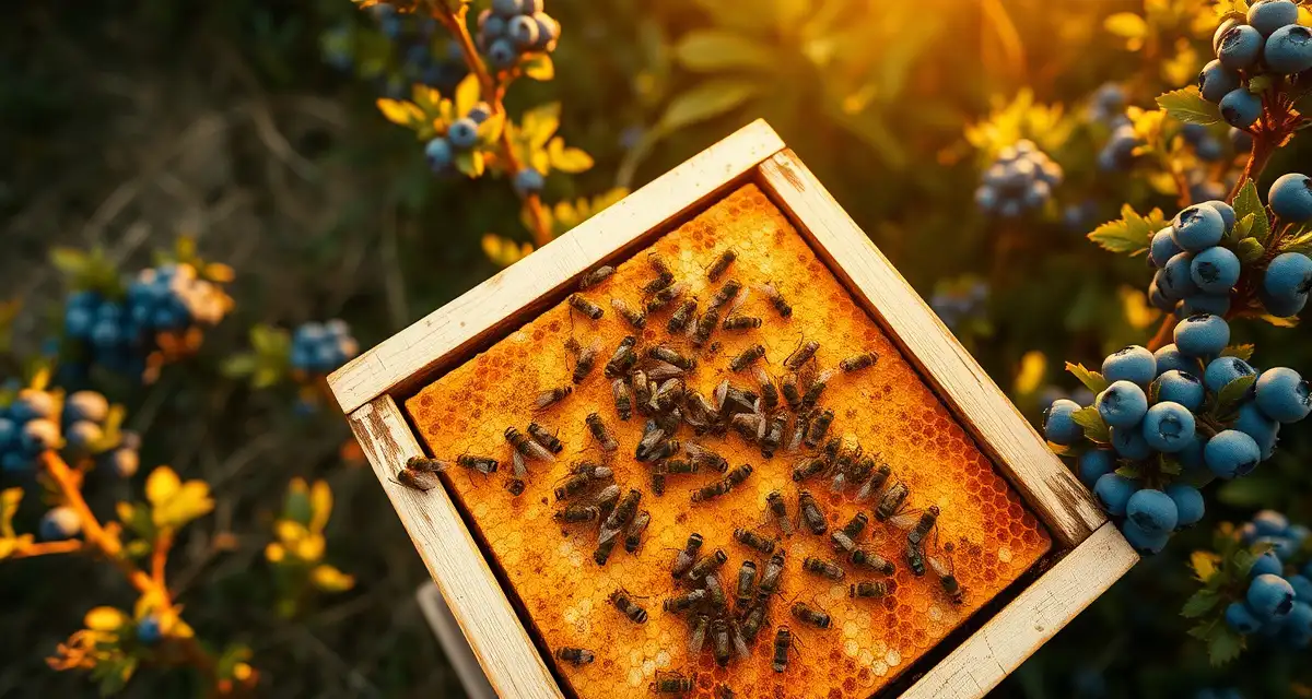 Professional blueberry pollination contract hive placement Honeybee hive positioned in commercial blueberry field showing pollination setup and hive density requirements