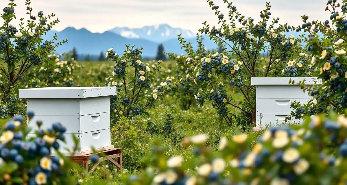 Blueberry pollination hive placement in Pacific Northwest Commercial honeybee hives placed in Oregon blueberry fields during spring pollination season with flowering plants visible