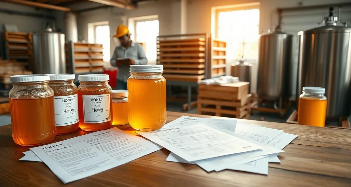 Commercial honey brokerage and bulk sales operations Bulk honey containers and commercial beekeeping broker negotiation documents on a workspace desk with golden honey samples