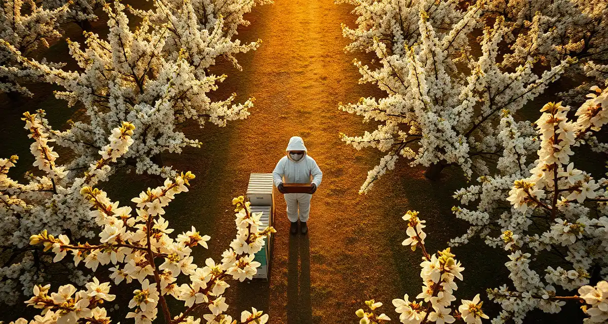 Almond orchard pollination timing strategy Commercial beekeeper managing honeybee hives during California almond bloom season for pollination operations and logistics planning.