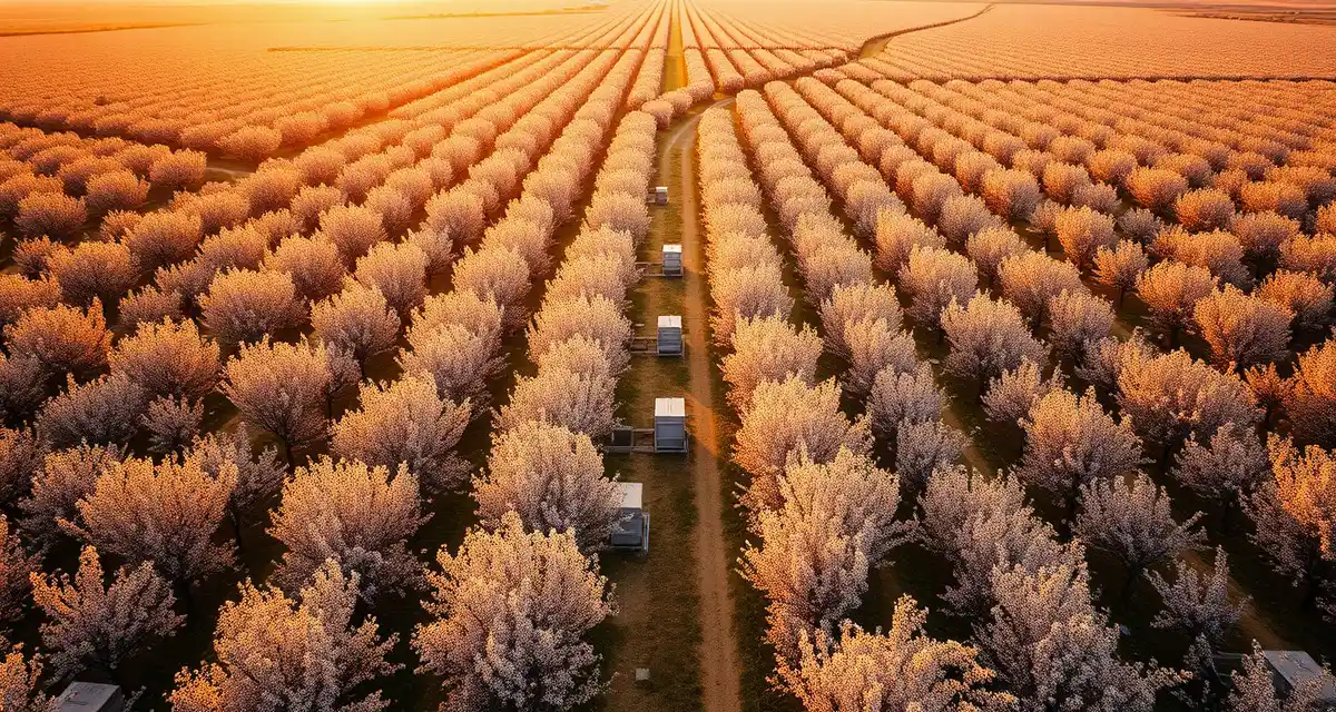 Almond pollination logistics and hive placement California almond orchard with honeybee hives positioned for commercial pollination operations during bloom season