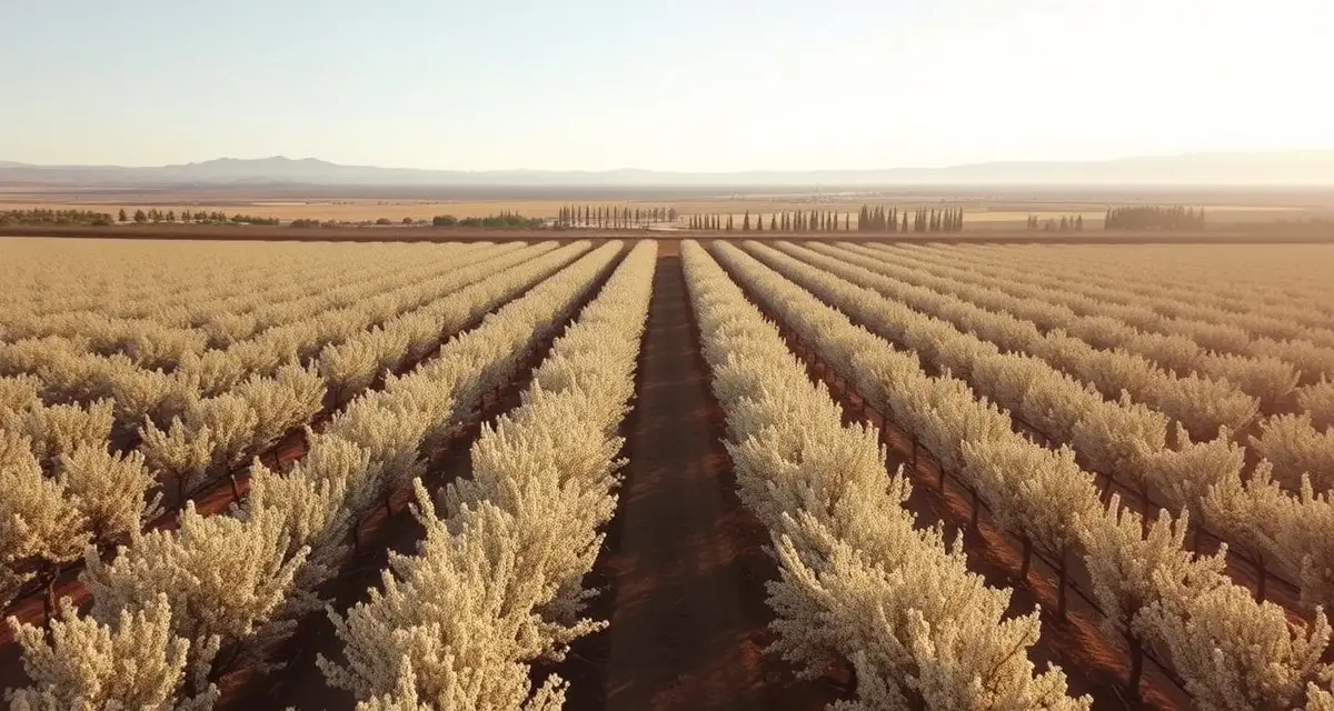 Almond pollination logistics management California Professional beekeeping hives positioned in California almond orchard during peak pollination season with blooming almond trees