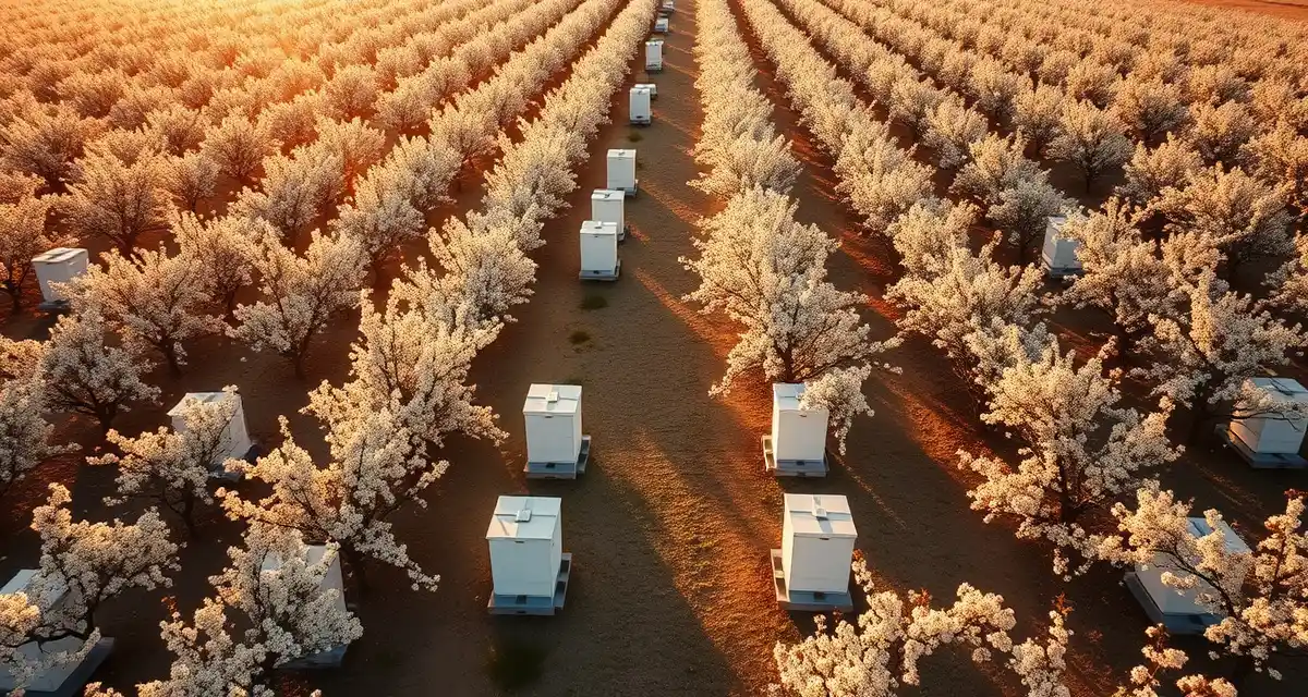 Almond orchard pollination management in Central Valley Commercial beehives positioned in California almond orchard during peak pollination season with blooming trees and organized hive placement for crop pollination logistics