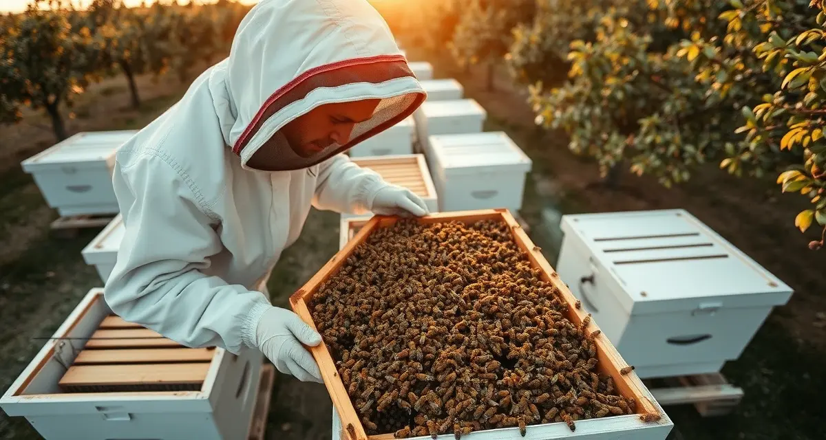 Building profitable almond pollination networks Commercial beekeeper inspecting honey bee hive frame in California almond orchard for pollination operations and grower relationships.