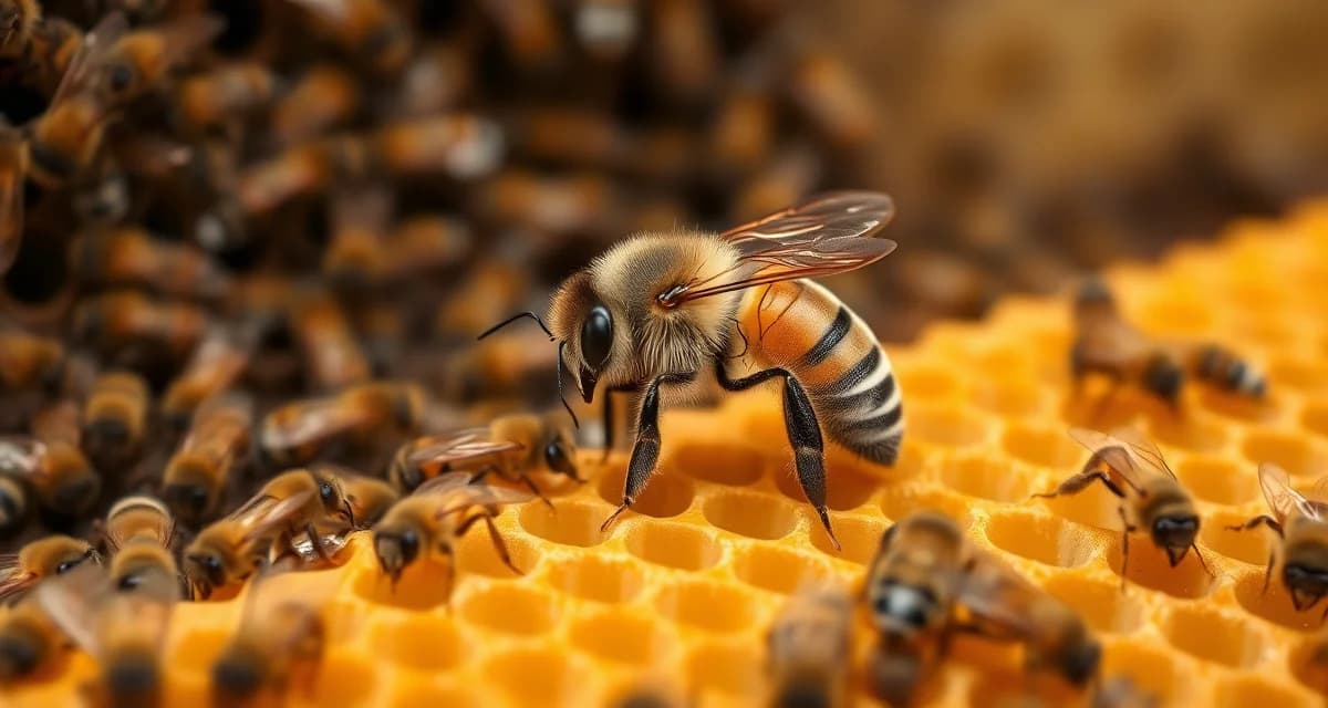 Queen bee quality inspection for almond pollination contracts Honeybee queen on comb frame during California almond pollination colony inspection and quality documentation process.