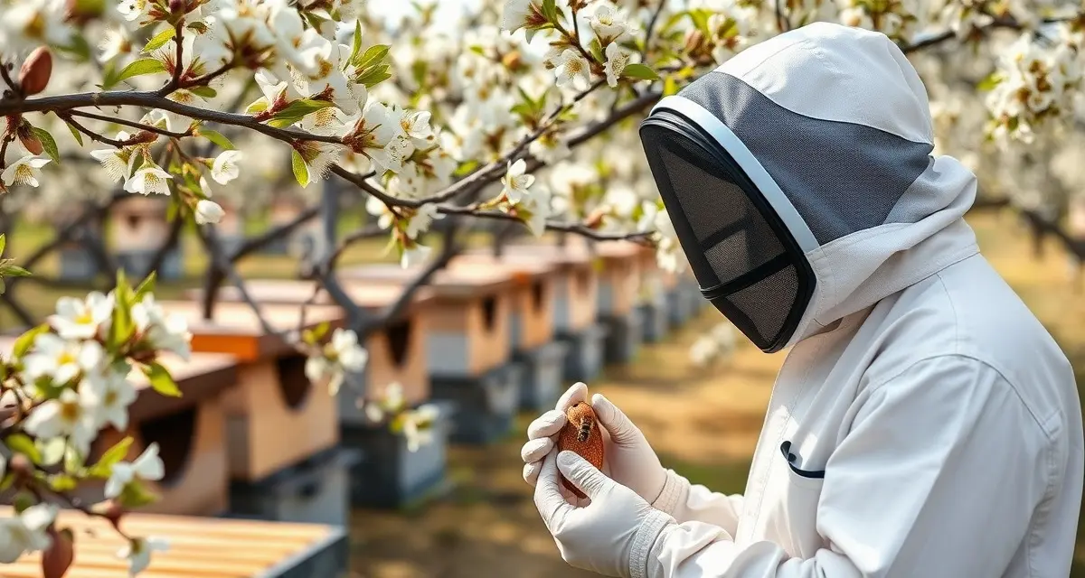 Almond pollination compliance guide for California beekeepers Commercial beekeeper inspecting almond blossoms with hives during California almond pollination season under state regulations.