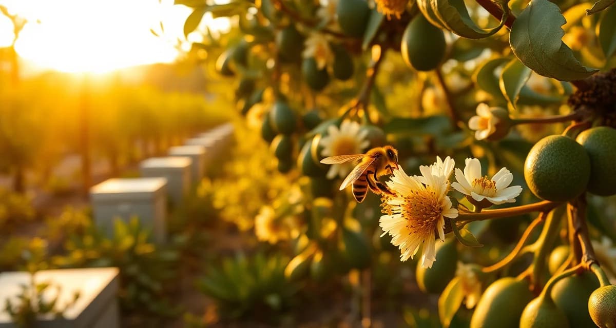 Avocado pollination operations in San Diego and Ventura County Honeybee colonies managing commercial avocado pollination in California orchard with flowering trees and bee activity
