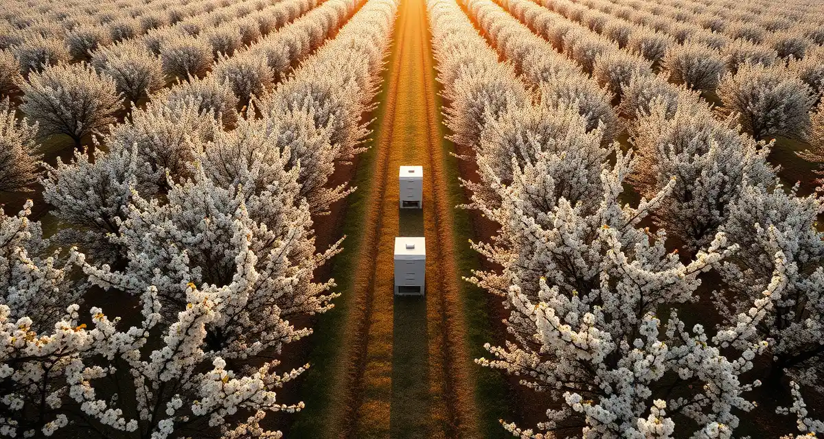 Commercial cherry pollination setup in Central Valley California Cherry orchard in bloom with commercial beehives positioned for pollination in California's San Joaquin Valley during spring season.