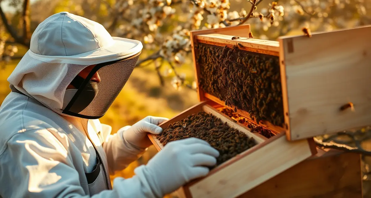 California apiary regulations and commercial hive management Commercial beekeeper inspecting hive frame during California almond pollination season, showing regulatory compliance requirements for apiary operations.