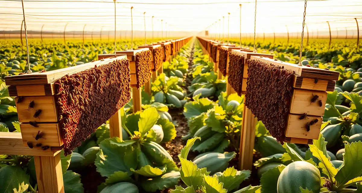 Summer melon pollination setup in California Honeybee colonies positioned in California Central Valley melon field for commercial pollination operations during summer season