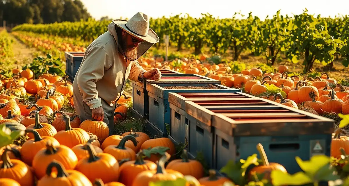 Fall vegetable pollination operations in California Commercial beekeeper managing hive boxes in California pumpkin field during fall pollination season with mature pumpkins ready for harvest