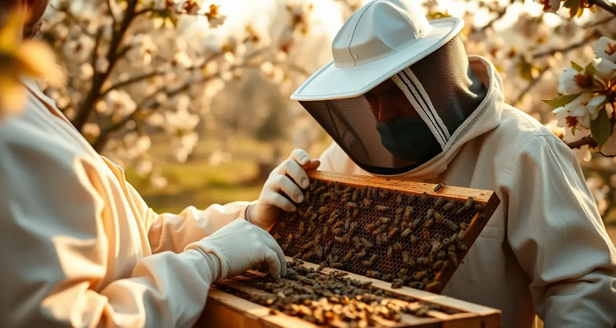 Walnut pollination management with commercial bee colonies Commercial beekeeper inspecting honey bee hive in California walnut orchard during pollination season with flowering trees
