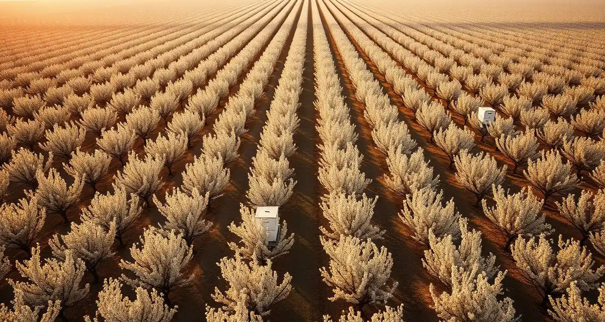 Almond orchard pollination management at scale Commercial pollination operation with organized bee hives positioned throughout Central Valley almond orchards during peak bloom season