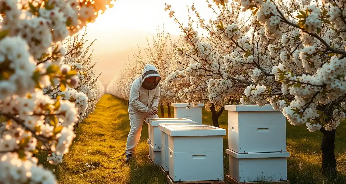 Cherry orchard pollination timing during bloom season Beekeeper positioning hives among blooming cherry orchard trees during peak pollination window with elevation-varied landscape