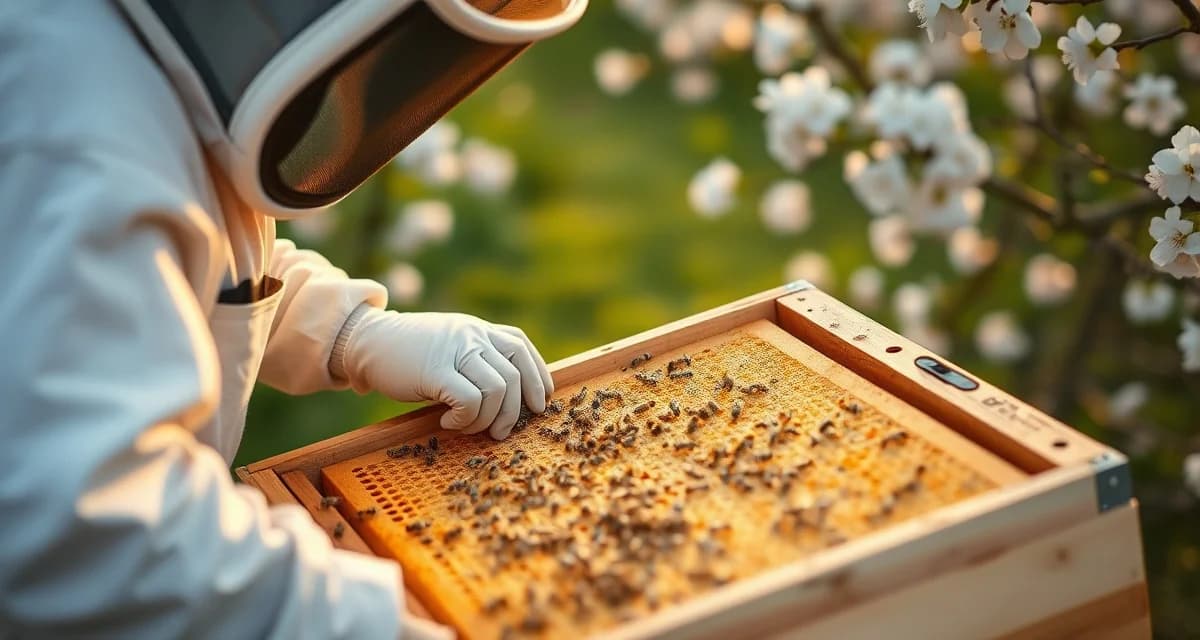 Spring hive inspection for Pacific Northwest cherry pollination work Beekeeper inspecting strong honeybee hive frames for cherry pollination contracts in Washington state orchards