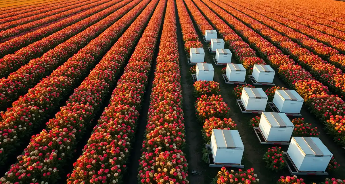 Bee hive logistics for clover seed pollination management Commercial clover seed pollination operation showing multiple bee hives placed in organized rows across blooming clover fields for intensive seed production.
