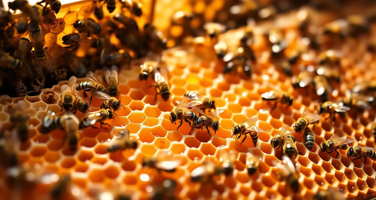 Commercial bee colony health assessment Healthy honeybee colony frames showing brood patterns and worker bees in commercial pollination operation