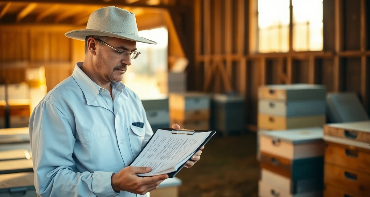 Systematic colony loss documentation for beekeeping operations Commercial beekeeper reviewing colony loss tracking data and analysis records in apiary operation facility