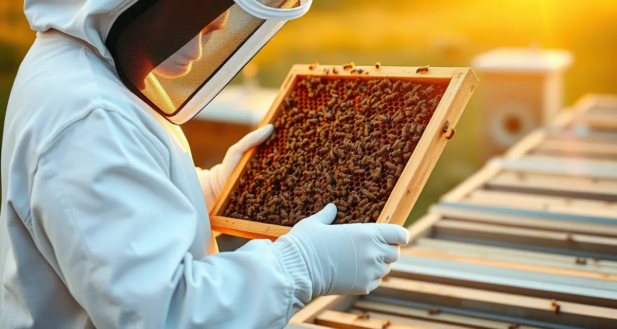 Professional colony strength verification for pollination operations Beekeeper performing colony strength assessment on honeybee frame with documented inspection checklist for pollination contracts.