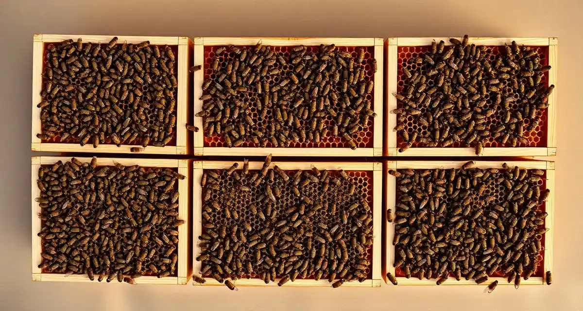 Frame count standards for commercial pollination operations Honeybee frames showing varying colony strength and bee coverage standards for commercial pollination crops