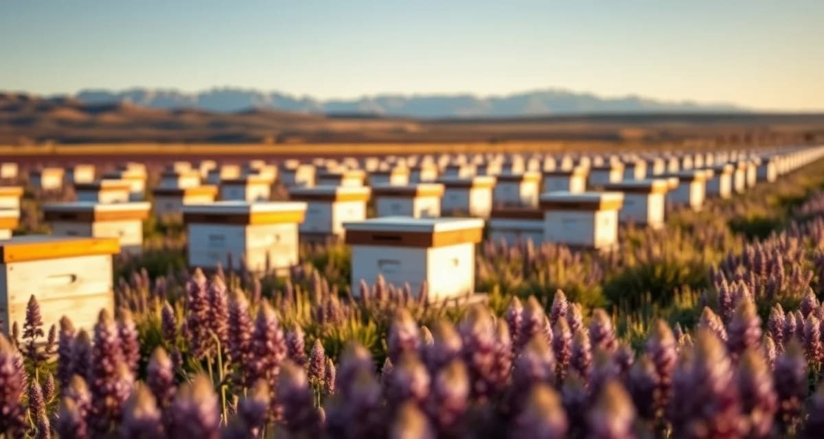 Migratory beekeeping operation in Colorado alfalfa Commercial beehives placed in Colorado alfalfa seed fields during pollination season in the San Luis Valley region.