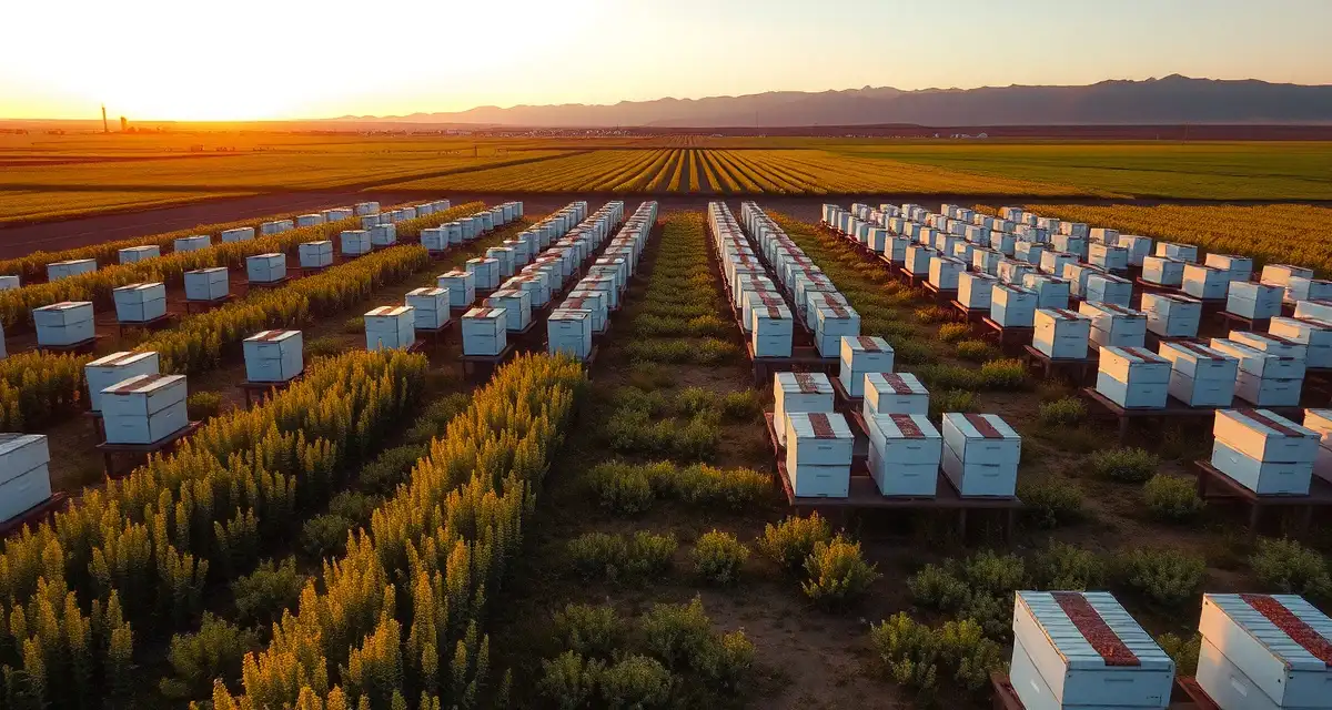 Professional bee hive placement for Colorado crop pollination Commercial beekeeping hives positioned in Colorado alfalfa fields for pollination services during growing season