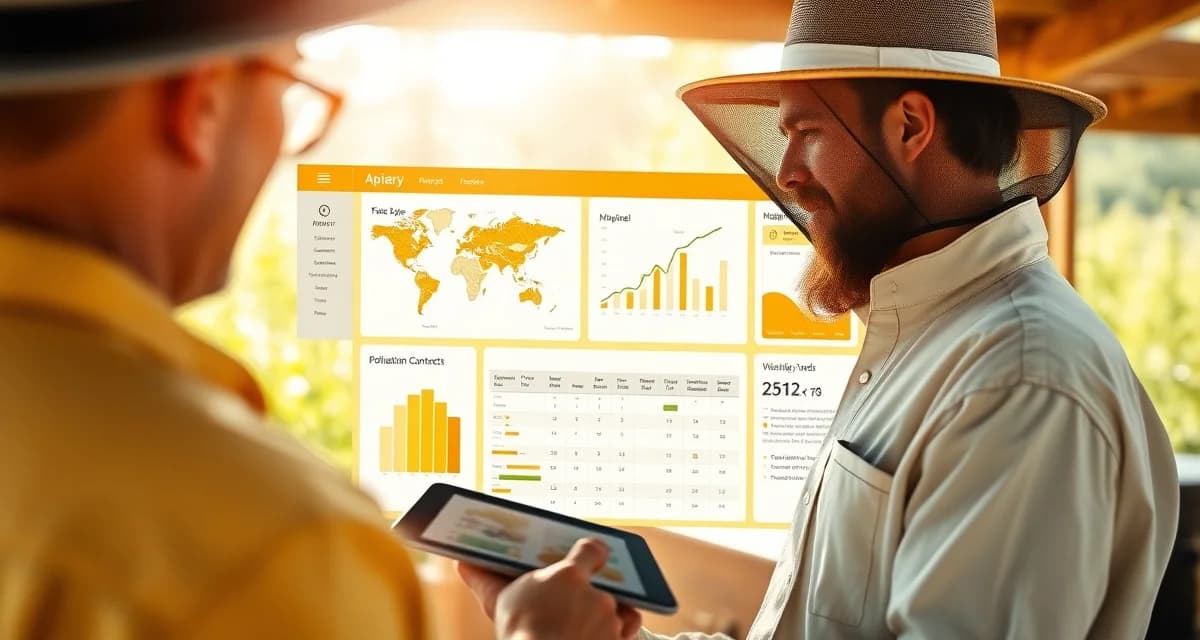 PollenOps apiary software interface Commercial apiary management software dashboard displaying hive locations, pollination contracts, and scheduling for multiple bee yards