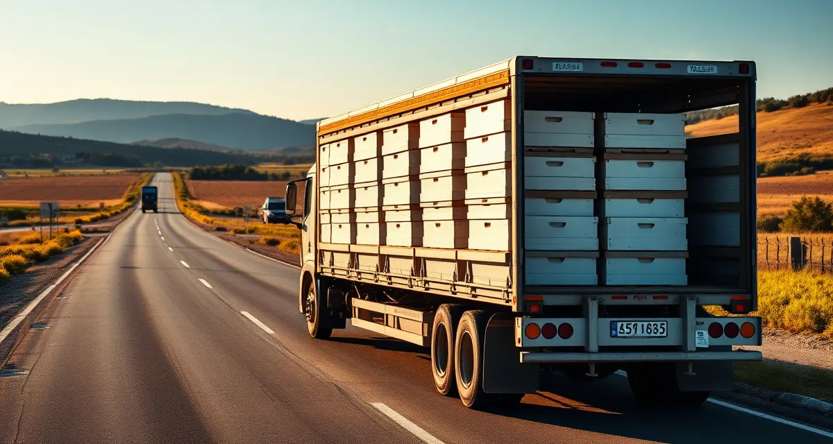 Interstate bee hive transport logistics Commercial beekeeping truck transporting stacked white hive boxes across state lines for regulated interstate pollination operations.