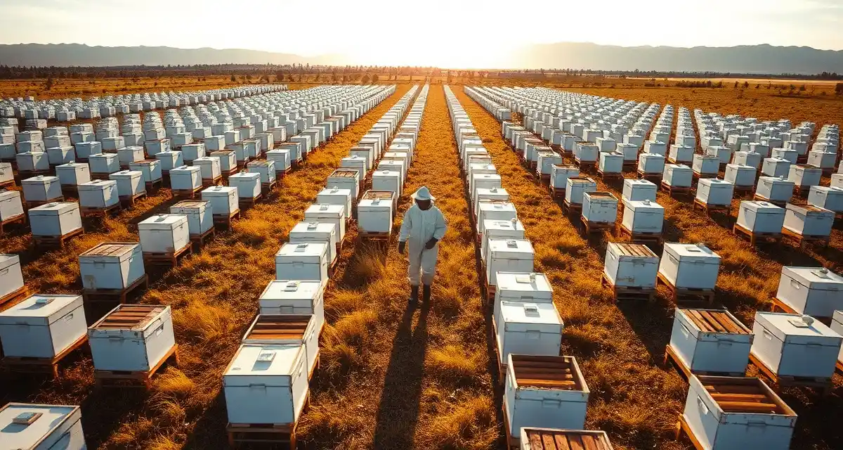 Professional bee yard management operation Commercial bee yard with organized white hive boxes and beekeeper managing multiple yard locations efficiently