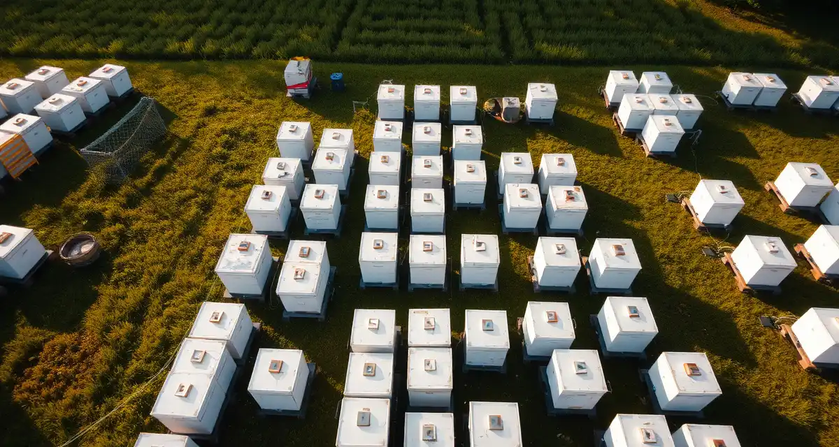 Professional pollination yard ready for operations Organized commercial bee yard with properly positioned hive boxes, safety equipment, and documented setup for pollination operations