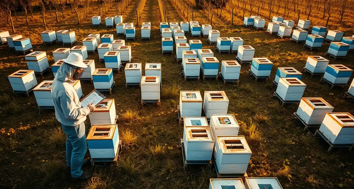 Hive arrangement for commercial pollination capacity Commercial beehives arranged in rows for almond pollination operations with beekeeper reviewing capacity planning documentation