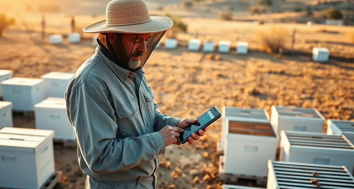 Beekeeper GPS App for Remote Bee Yard Operations Commercial beekeeper using offline GPS app to track bee yard locations on smartphone in remote rural area without cell coverage