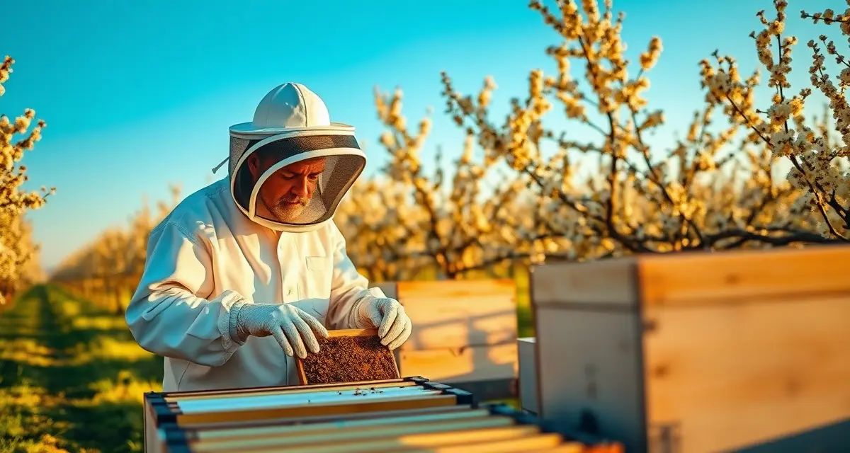 Getting Pollination Contracts for Commercial Beekeepers Commercial beekeeper inspecting hive frames in almond orchard to secure pollination contracts