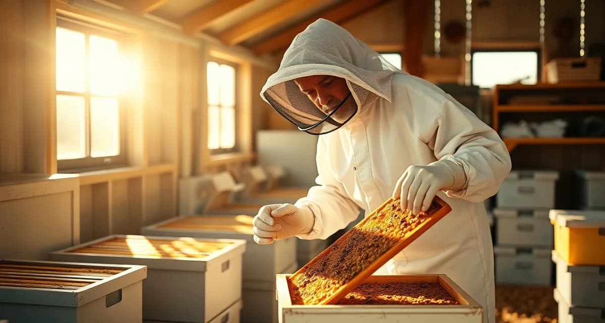 Winter readiness inspection for contract pollination operations Commercial beekeeper conducting winter audit inspection of bee colonies and equipment during pre-season preparation