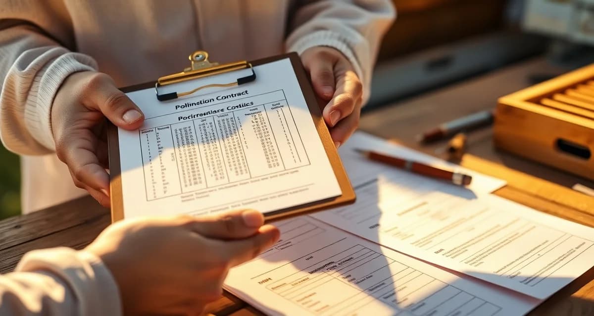 Professional contract management for bee operations Commercial beekeeper reviewing pollination contracts and hive logistics documentation at desk